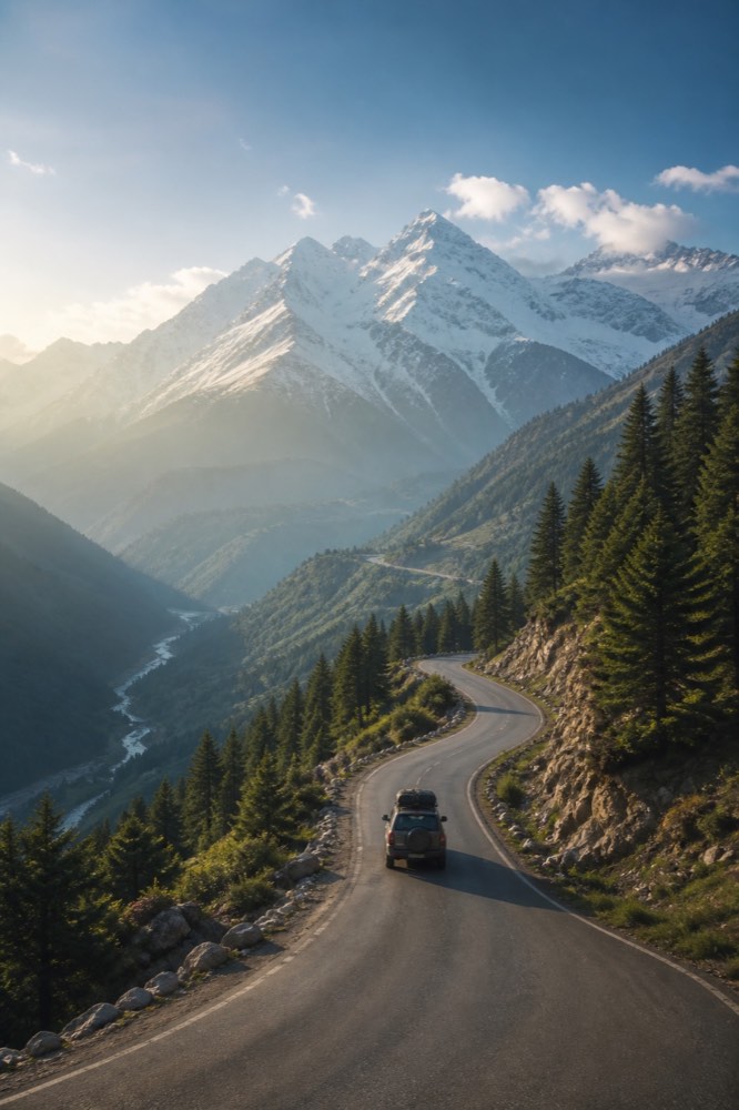 Winding road through a mountain valley