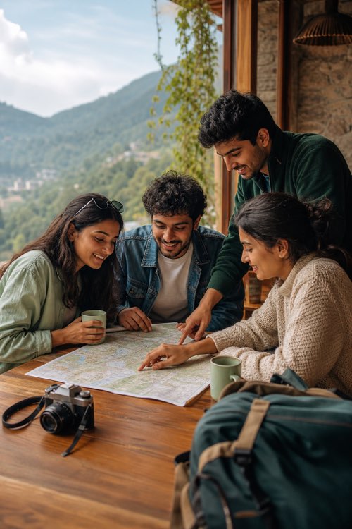 Friends making travel plans together